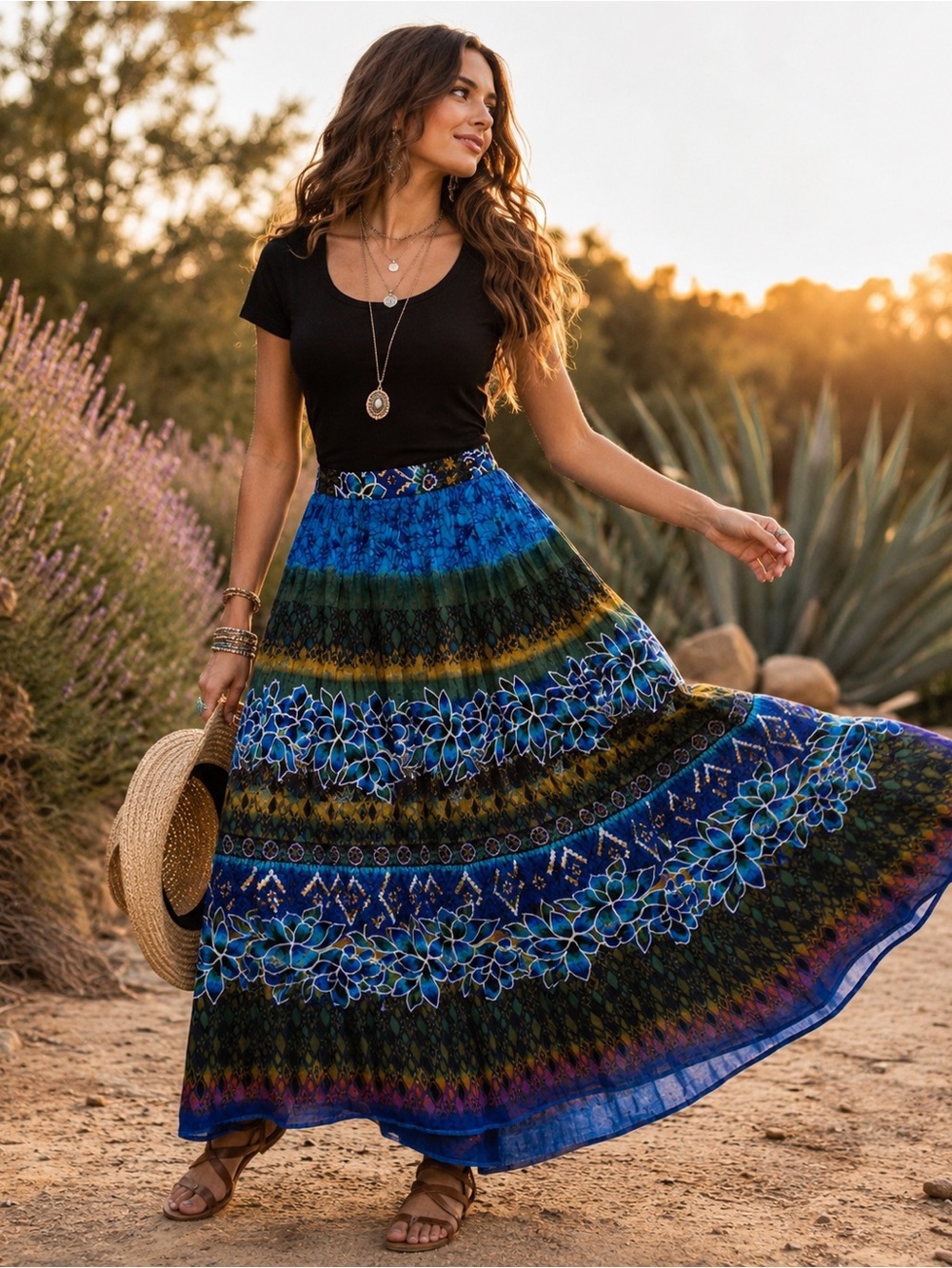Chaudry XL Boho Floral Maxi Skirt Festival Cottagecore Elastic Waist Lined